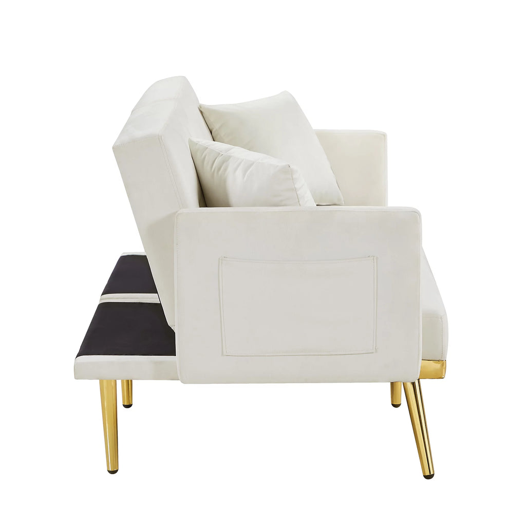 White Velvet Futon Sofa Bed with Gold Metal Legs M242