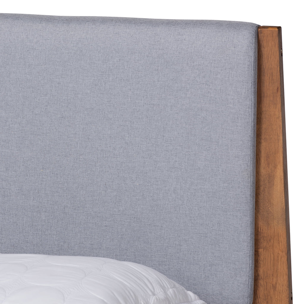 Grey Fabric Upholstered Walnut Brown Wood Full Size Platform Bed O62532