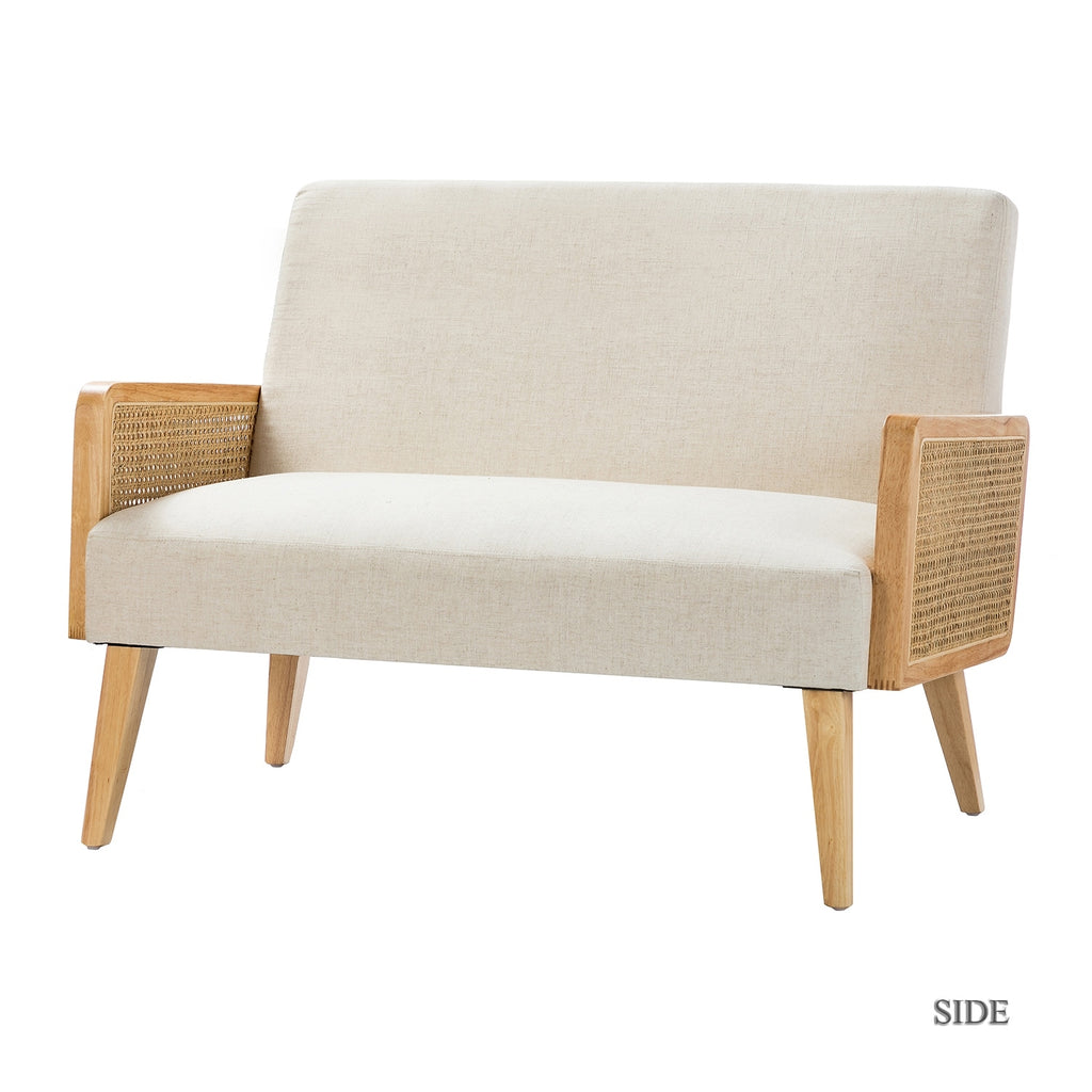 Modern Upholstered Sofa Loveseat Rattan Arm Futon Wood Foam Linen N76686