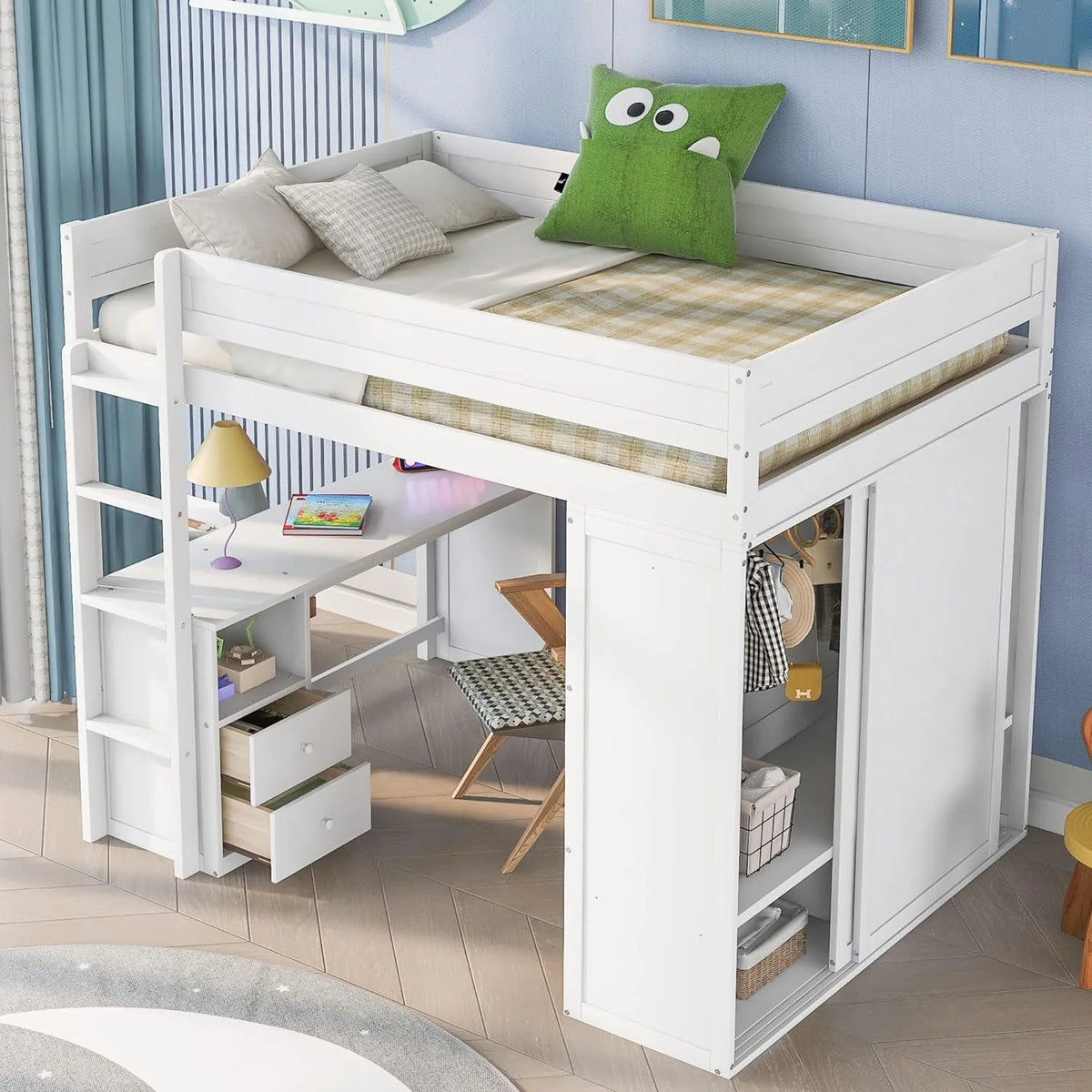 White Full Size Wood Loft Bed with Storage Wardrobe Desk and Drawers H762559