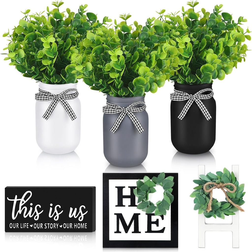 12 Pcs Eucalyptus Mason Jar Table Centerpieces Farmhouse Tiered Tray Decor Wooden Signs J960394
