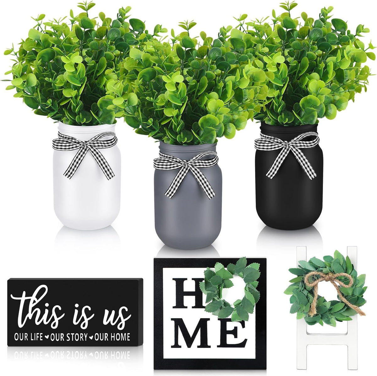 12 Pcs Eucalyptus Mason Jar Table Centerpieces Farmhouse Tiered Tray Decor Wooden Signs J960394
