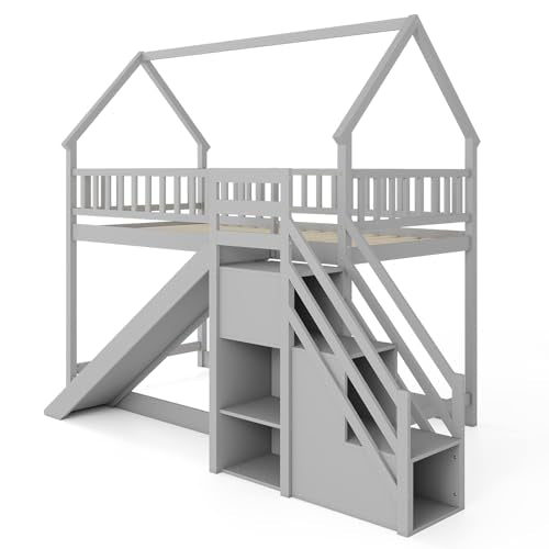 White Wood Twin Over Twin Bunk Bed with Slide and Staircase F80436