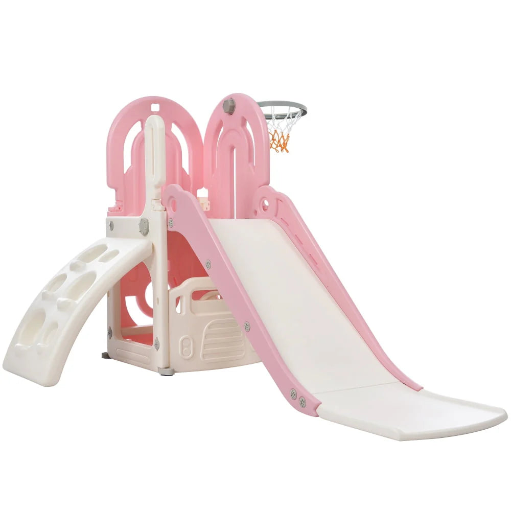 Kids Toddler Climbing and Slide Set 4 in 1, Freestanding Slide Playset with Basketball Hoop and Driving Game Space, Pink P424