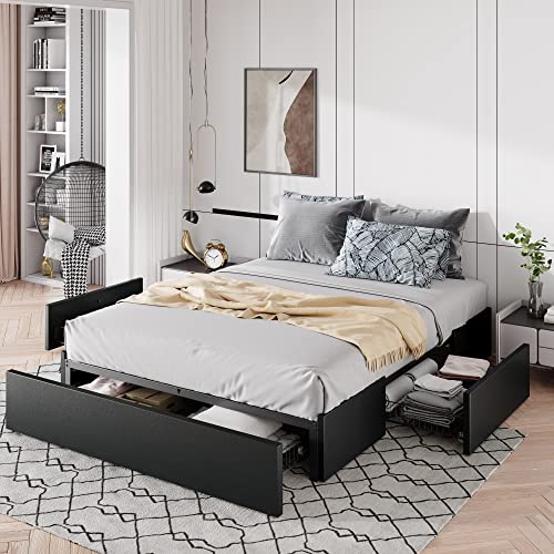 Queen Size Fabric Upholstered Platform Bed Frame with 3 Storage Drawers Y387