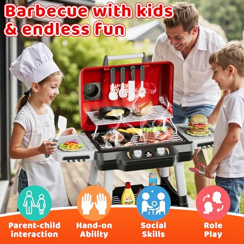 Kids BBQ Grill Playset with Wheels, Smoke Sound Light A47986