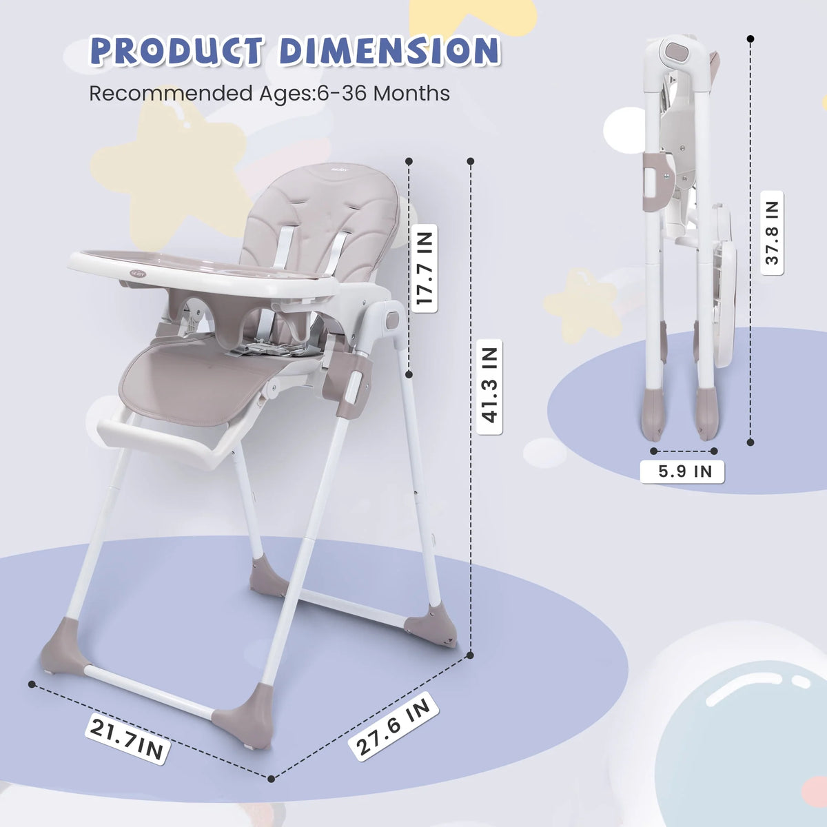 Portable Folding Highchair with Adjustable Height, Removable Tray, Gray K366
