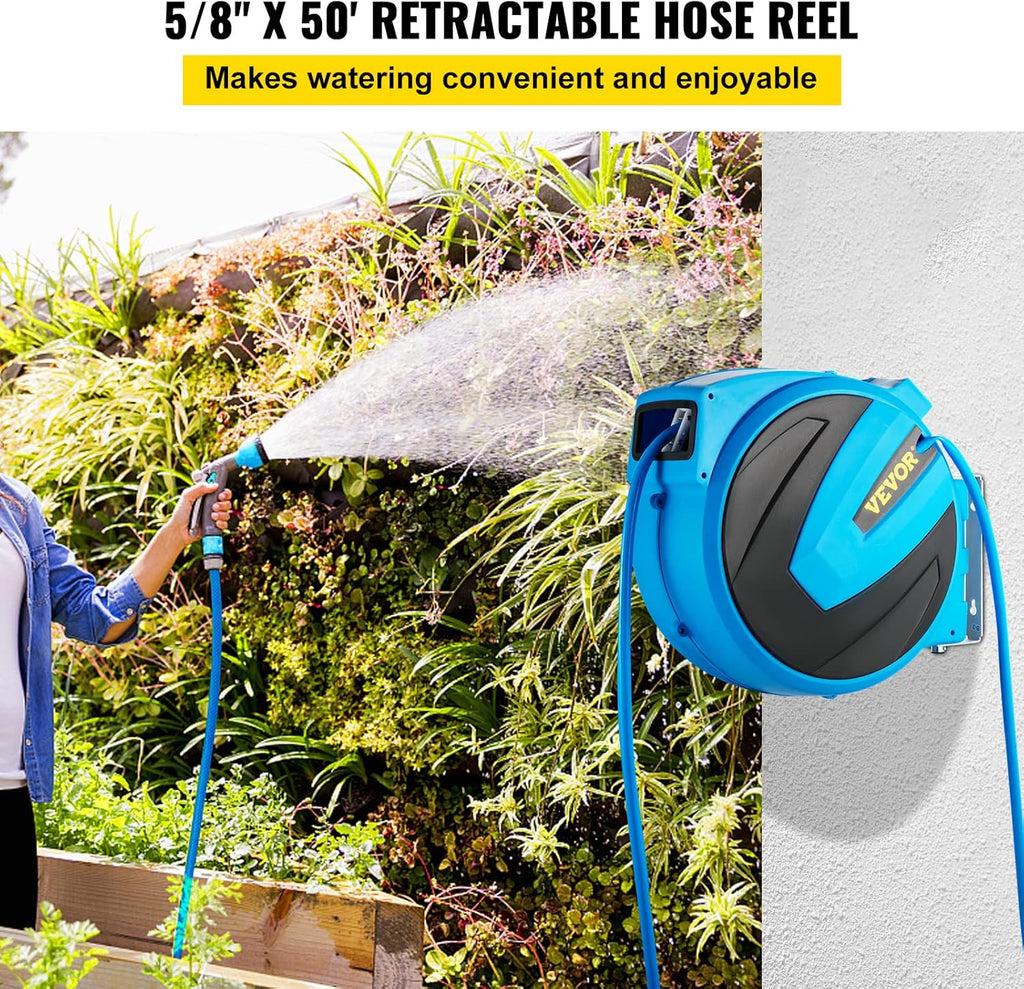 Retractable Hose Reel, 5/8 inch x 50 ft, Wall Mounted Garden Hose Reel, Blue Pack of 2 R4563