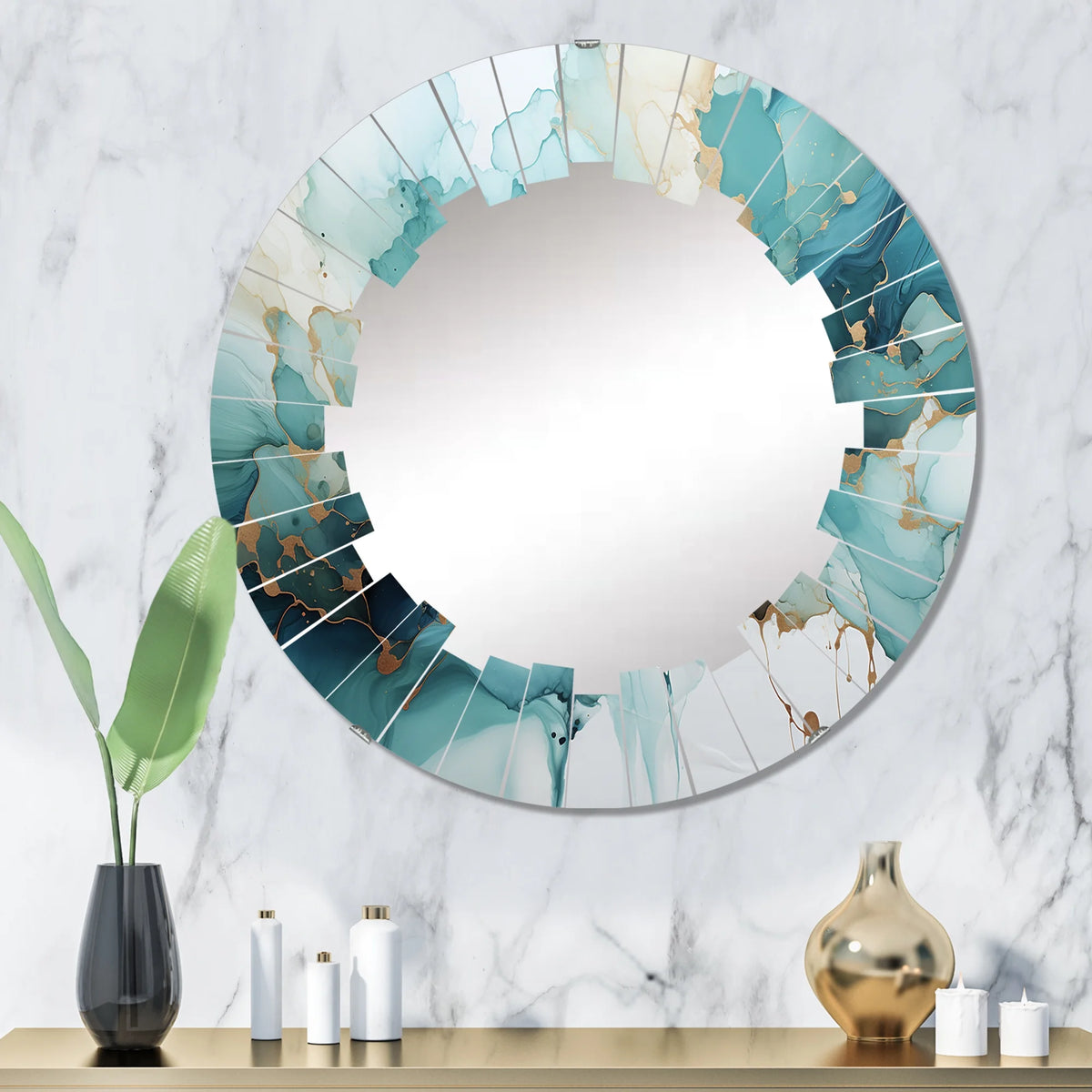 Teal Gold Abstract Round Wall Mirror A987