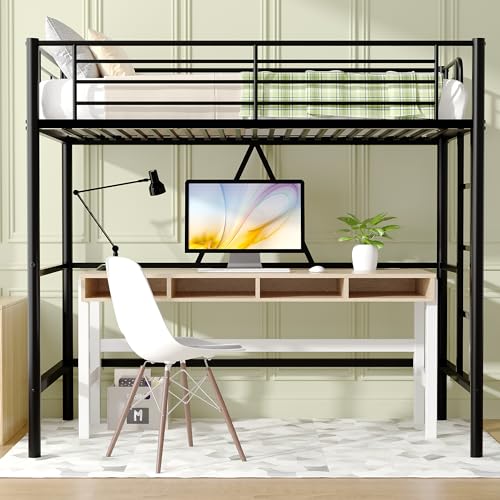 Twin Size Off White Metal Loft Bed with Ladder and Guardrail V684
