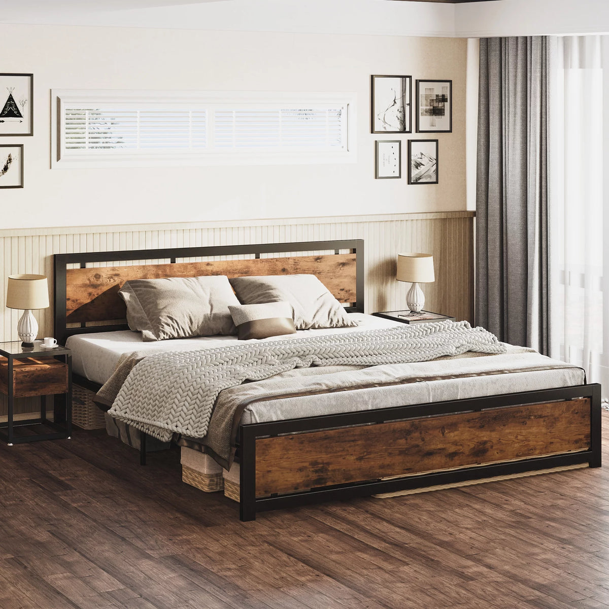 King Platform Bed Frame with Headboard and Under Bed Storage A689
