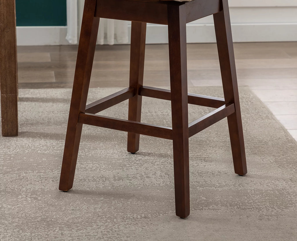 30" Beige Linen Upholstered Swivel Bar Stool Set of 2 with Wooden Legs R5495