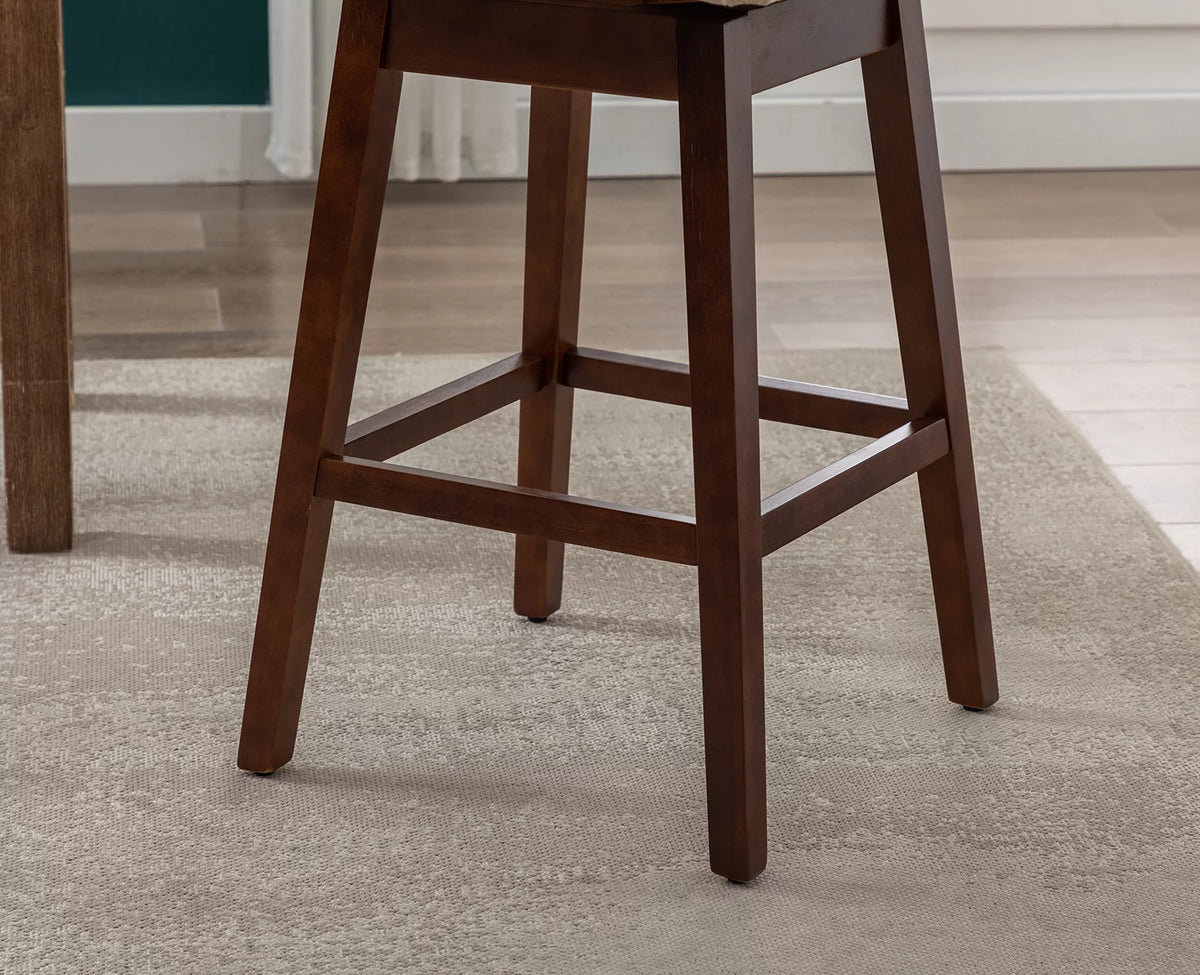 30" Beige Linen Upholstered Swivel Bar Stool Set of 2 with Wooden Legs R5495