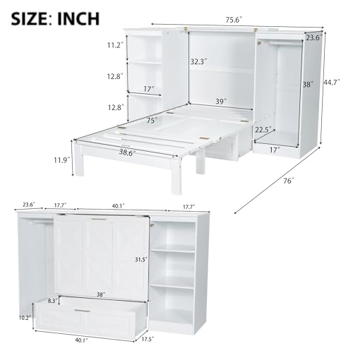 White Twin Size Murphy Bed with Storage Shelves and Wardrobe V2551