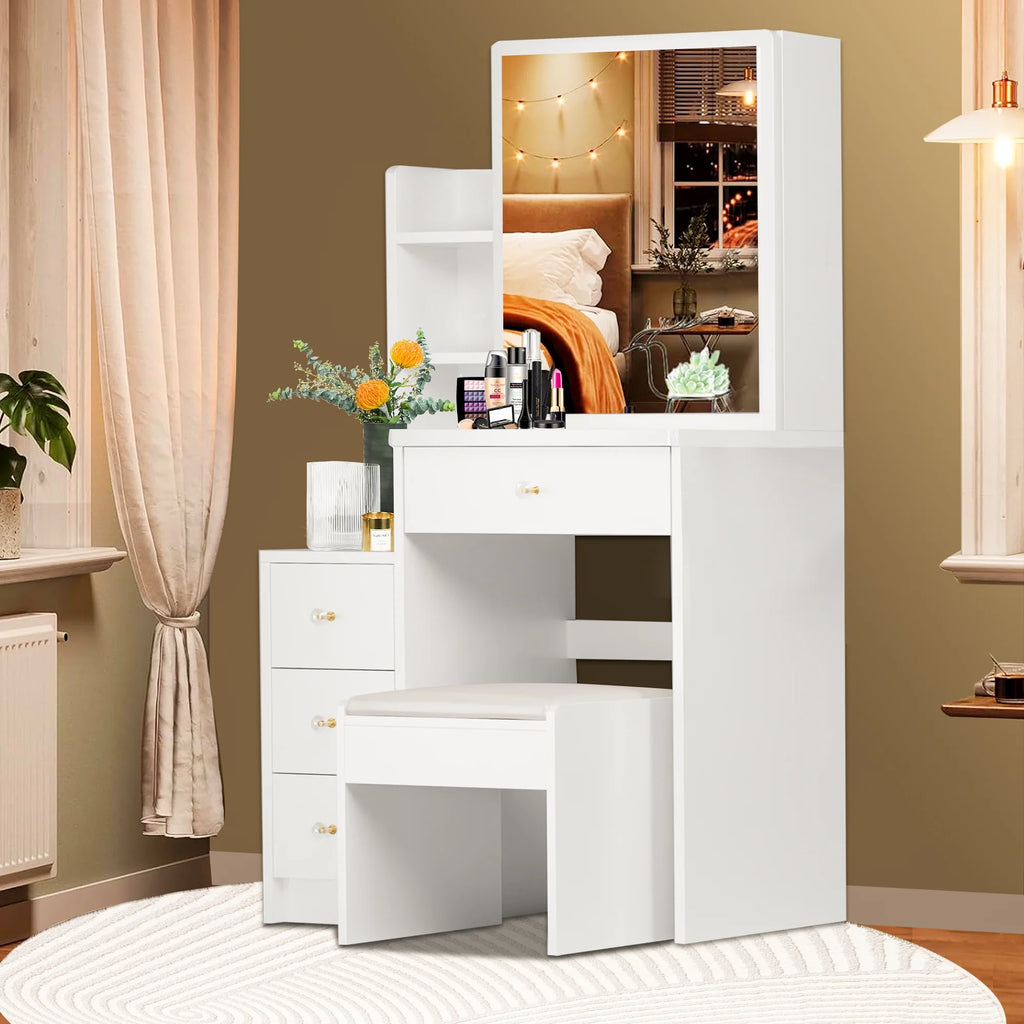 White Vanity Set with Sliding Mirror, Drawers & Stool L33829