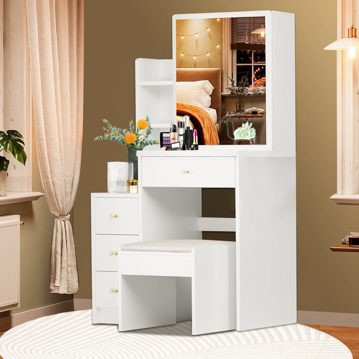 White Vanity Set with Sliding Mirror, Drawers & Stool L33829