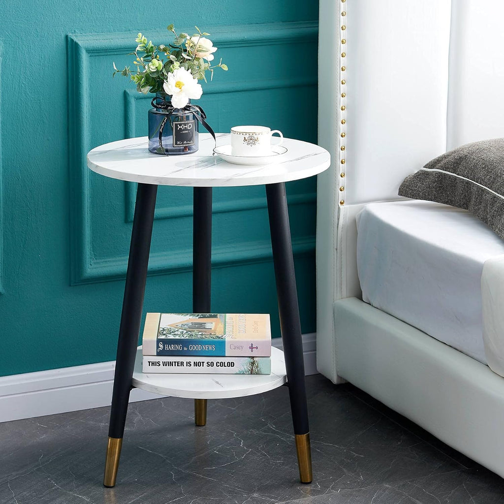 White Marble 2-Tier Metal Nightstand Q8003