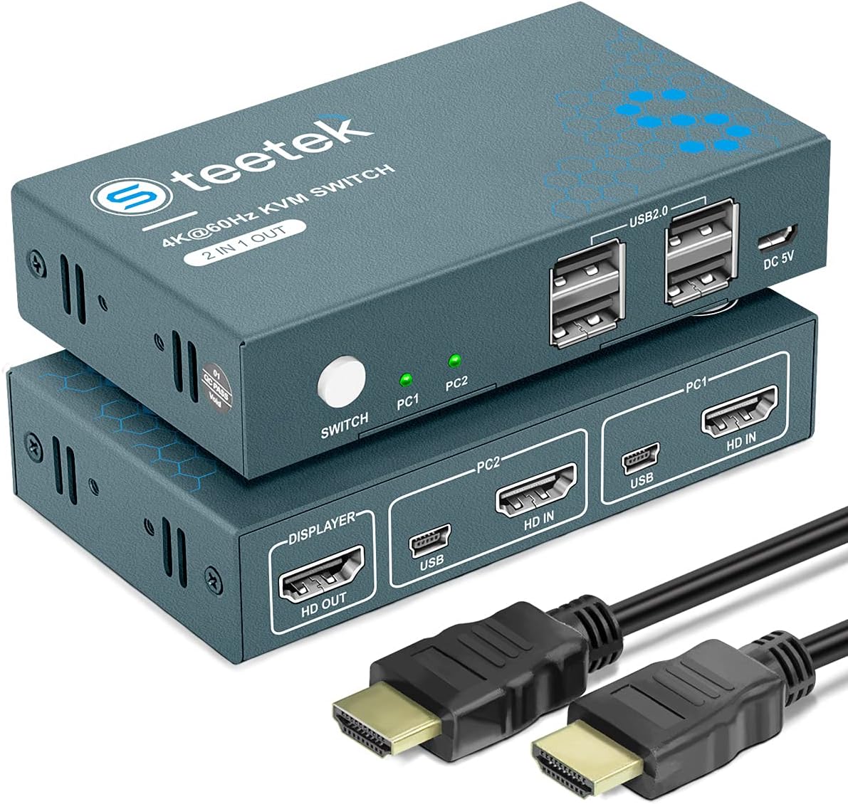 KVM Switch HDMI 2 Port, UHD 4K@60Hz, 4 USB 2.0 Port, with 1 HDMI and 2 USB Cables E72149
