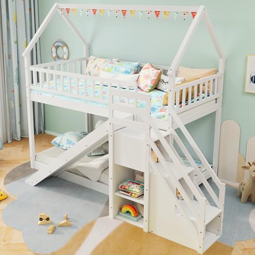 White Wood Twin Over Twin Bunk Bed with Slide and Staircase F80436