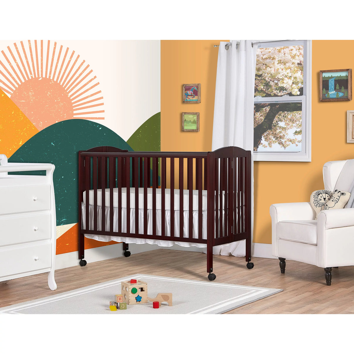 Full Size 2-in-1 Folding Stationary Side Crib with Locking Wheels, Espresso G86847