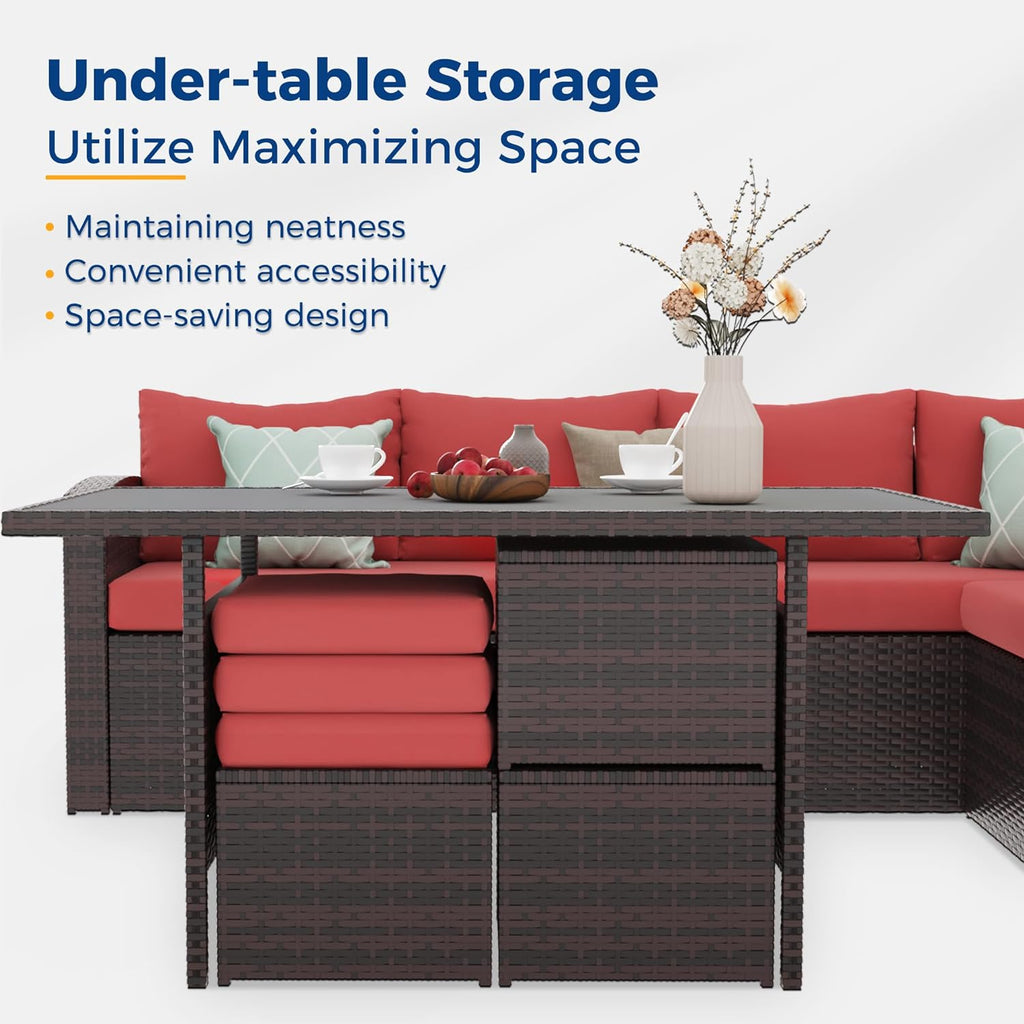 Red Rattan Wicker Patio Dining Table Set J3530