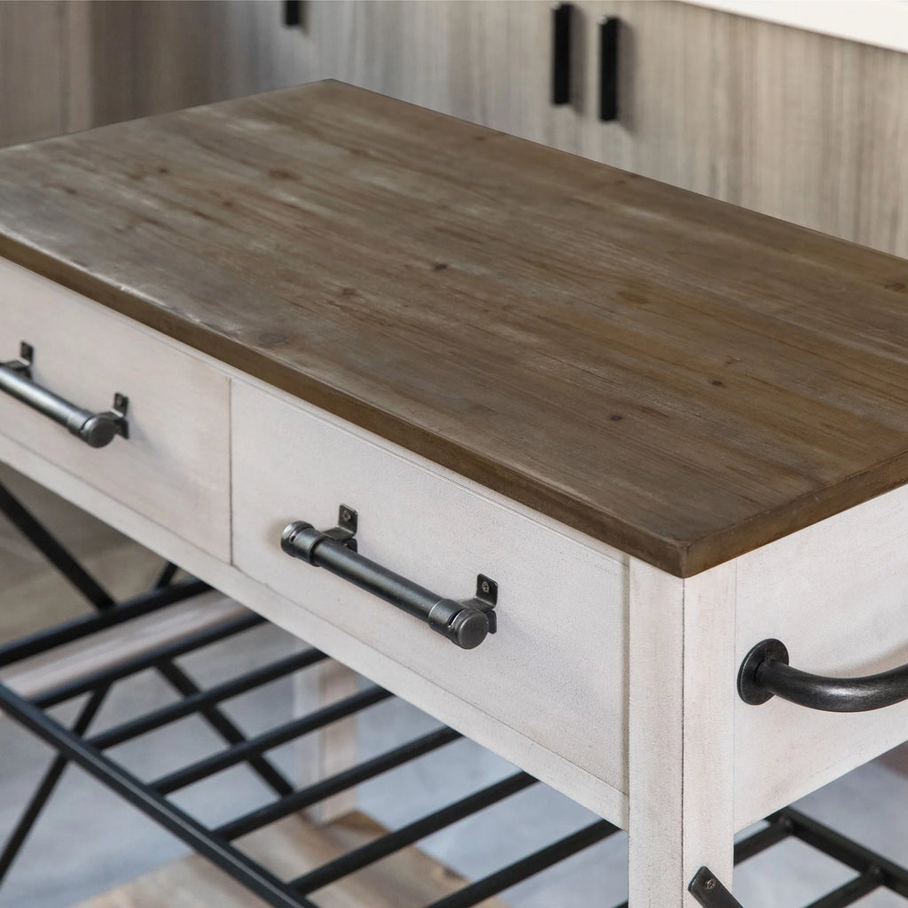 Off-White and Brown Wood Kitchen Cart N29099