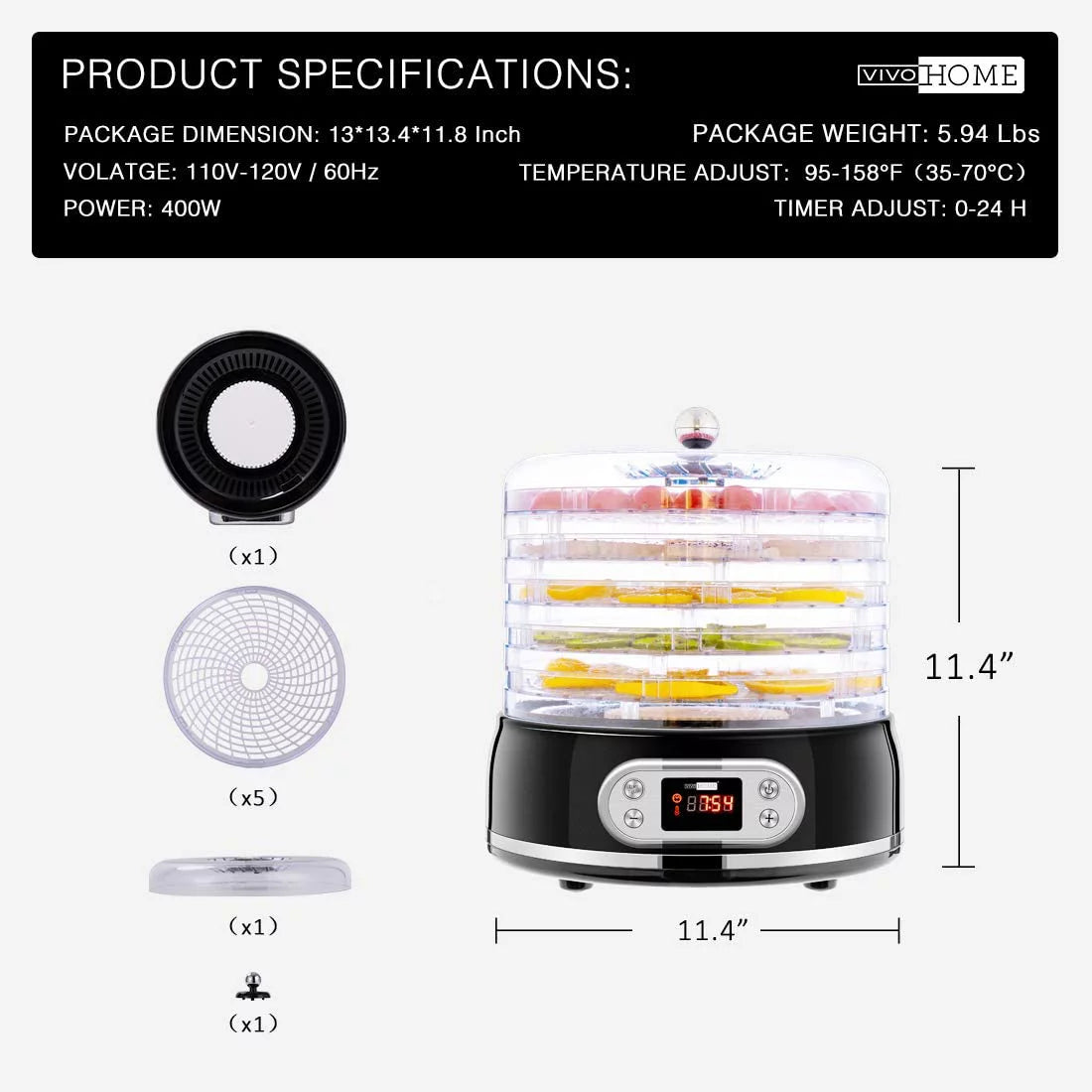 400W 5 Trays Round Food Dehydrator Machine Black F7132