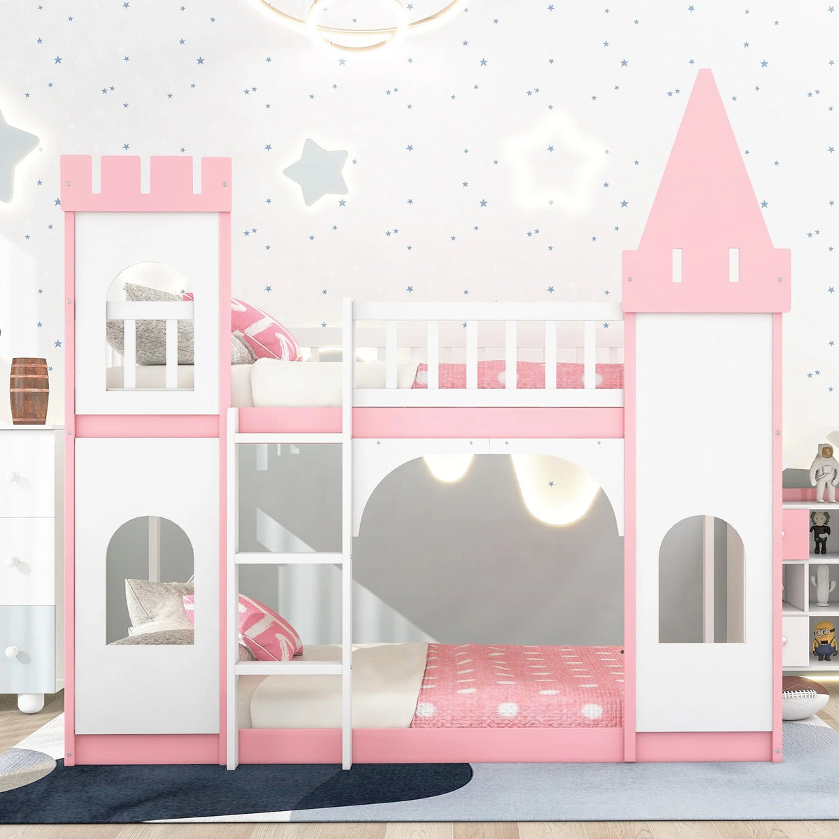 Twin Over Twin Bunk Bed with Ladder Pink U56946
