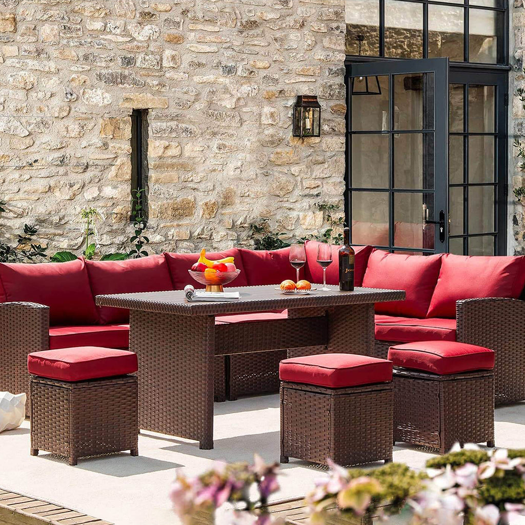 Red Rattan Wicker Patio Dining Table Set J3530