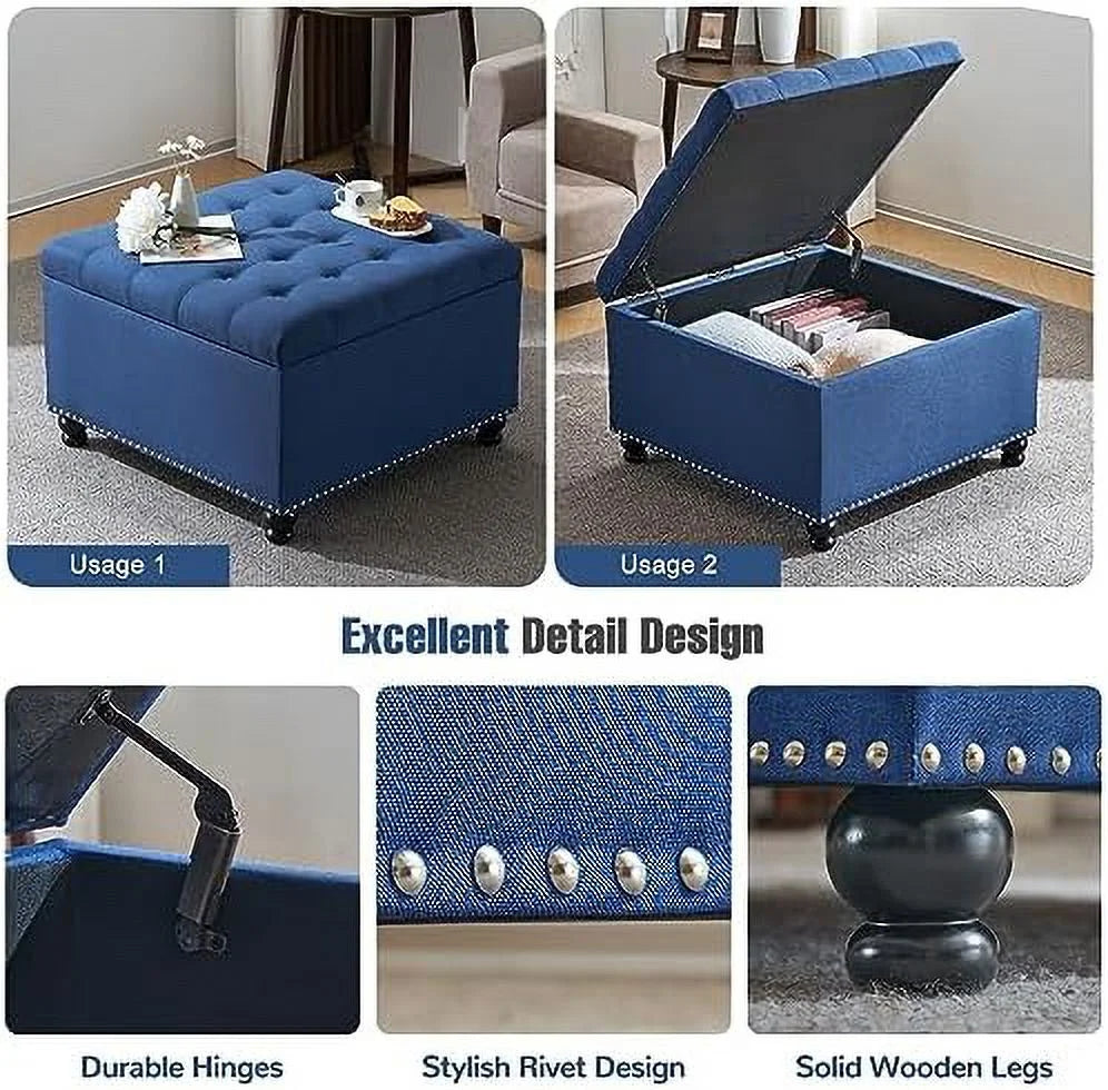Oversized Linen Ottoman with Wooden Legs Z342