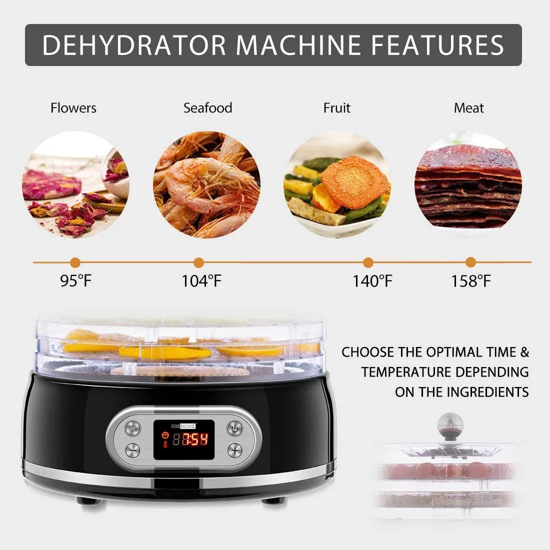 400W 5 Trays Round Food Dehydrator Machine Black F7132
