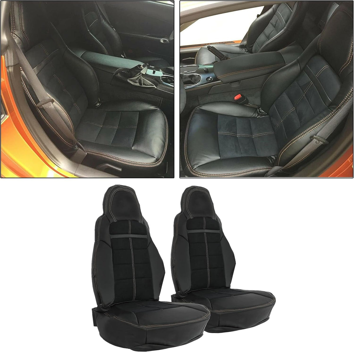Leather & Cloth Seat Covers Set, Black, Driver & Passenger Side H1311