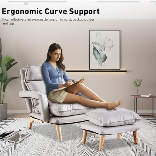 Gray Linen Accent Chair with Ottoman T582
