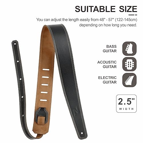 2.5" Wide Bavarian Tumbled Leather Guitar Strap with Foam Padding and Cable Storage Loop（Vintage Green） Y997