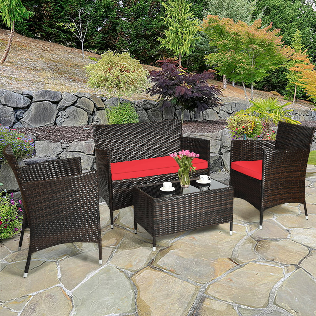 4-Piece Patio Rattan Wicker Furniture Set with Red Cushions I959