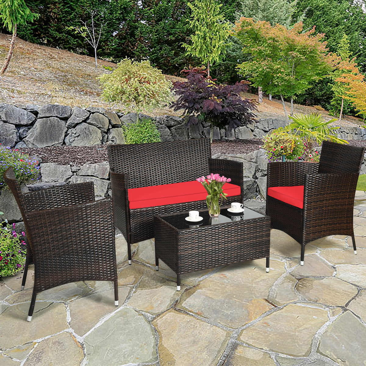 4-Piece Patio Rattan Wicker Furniture Set with Red Cushions I959