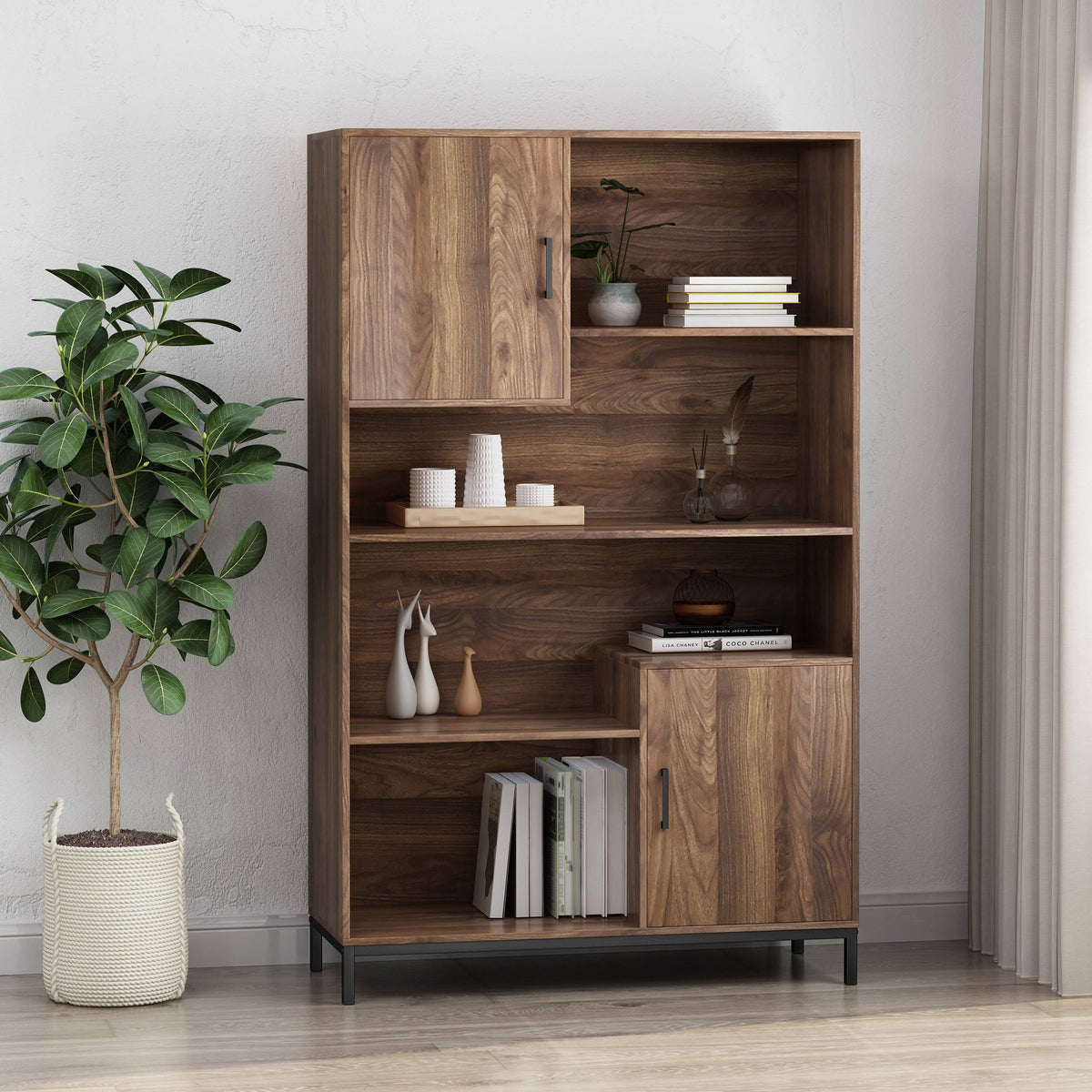 Walnut and Black Faux Wood Cube Bookcase I846