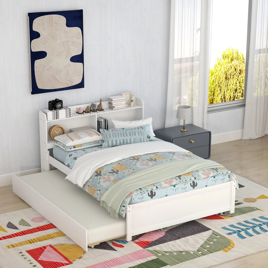 White Wood Full Size Trundle Bed with Bookcase Headboard F19448