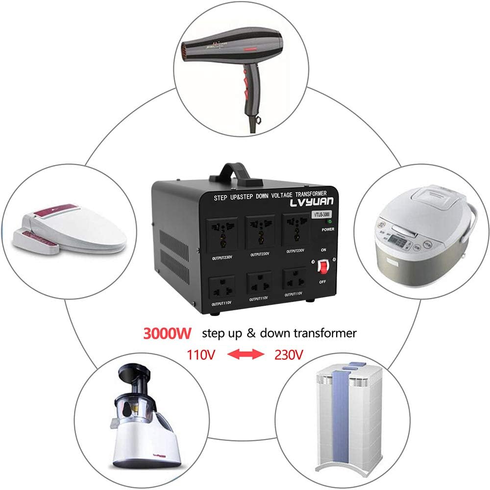 Voltage Transformer 3000 Watt Step Up/Down with 3 US outlets, 3 Universal outlets, Circuit Breaker F324