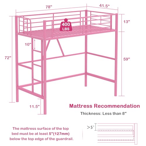 Twin Size Off White Metal Loft Bed with Ladder and Guardrail V684