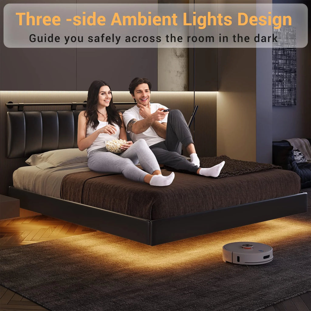 Queen Floating Bed Frame with LED Lights and Wall Mounted Headboard R683