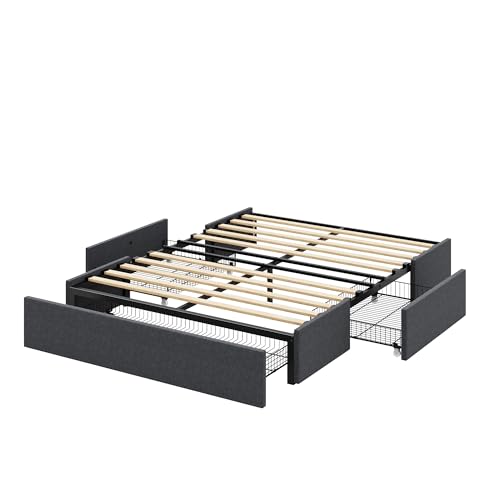 Queen Size Fabric Upholstered Platform Bed Frame with 3 Storage Drawers Y387