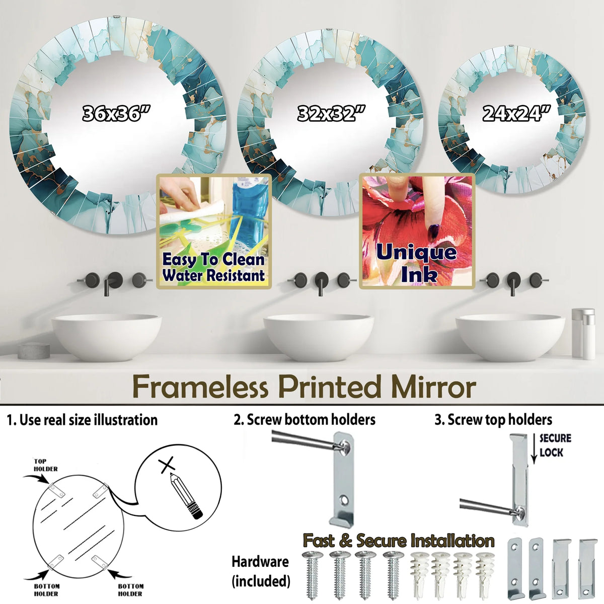 Teal Gold Abstract Round Wall Mirror A987