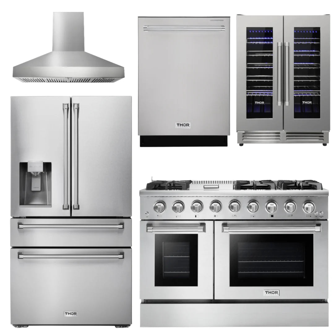48 Gas Range, Range Hood, Refrigerator with Water and Ice Dispenser, Dishwasher, Wine Cooler G87980