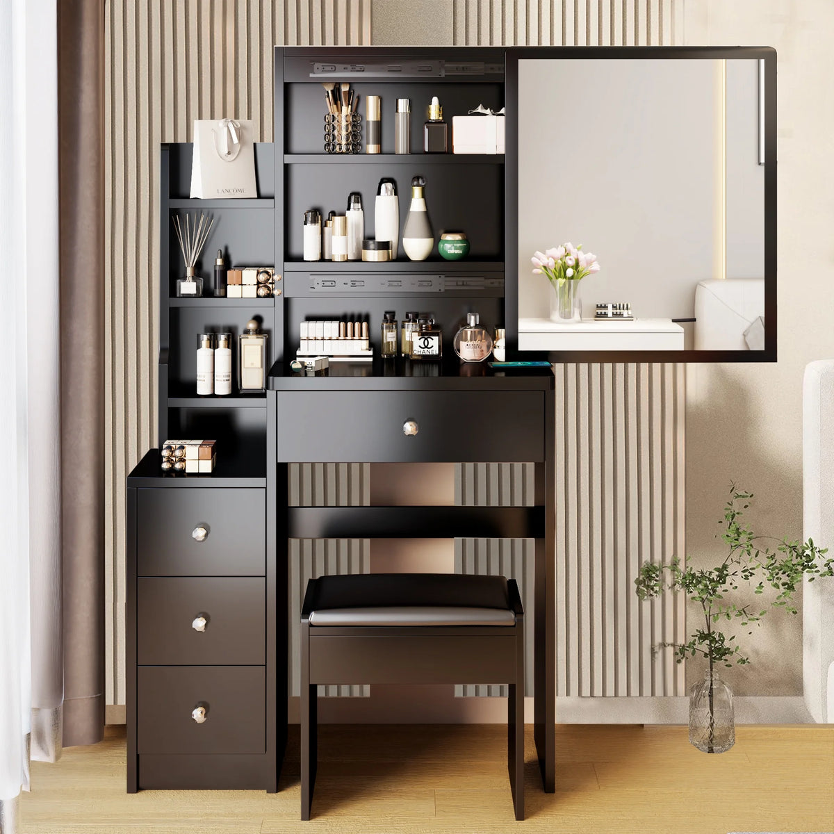 White Vanity Set with Sliding Mirror, Drawers & Stool L33829