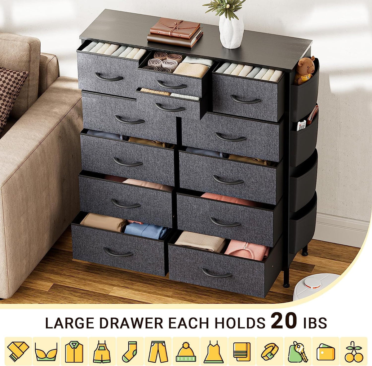 Black 10 Drawer Fabric Dresser P1635