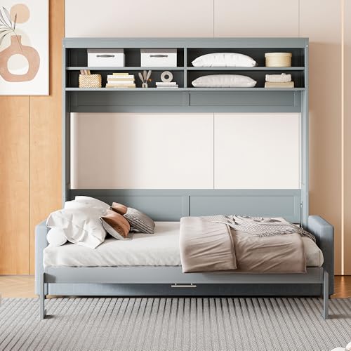 Queen Size Gray Wood Murphy Bed with Storage Shelves Z949647