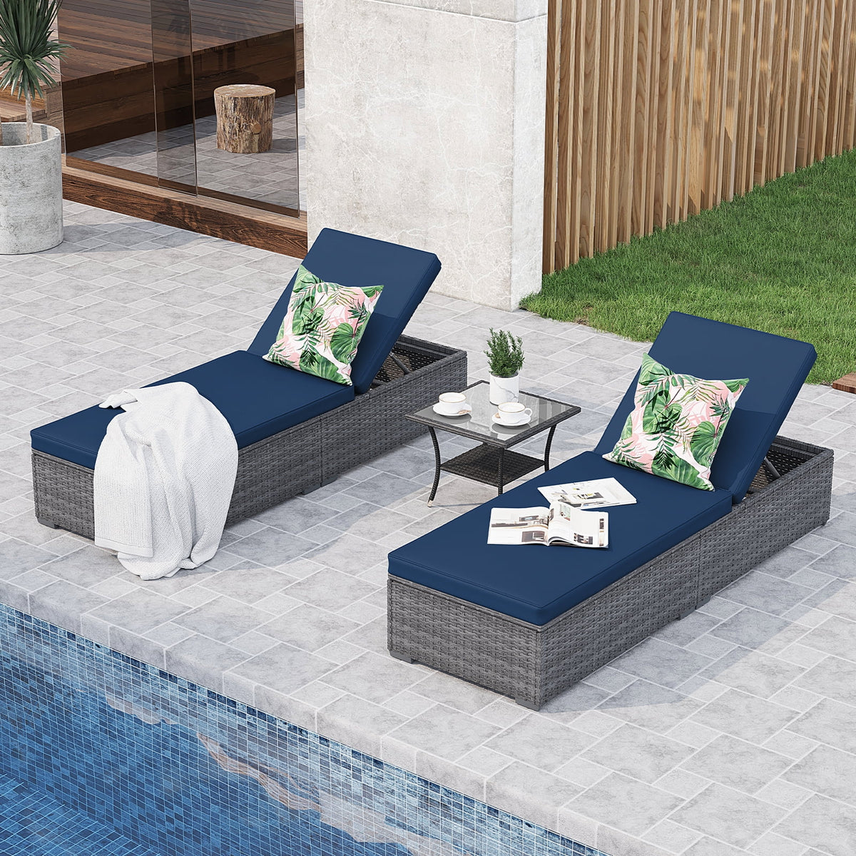 Navy Blue PE Rattan 3 Piece Chaise Lounge Chair with Coffee Table S45695