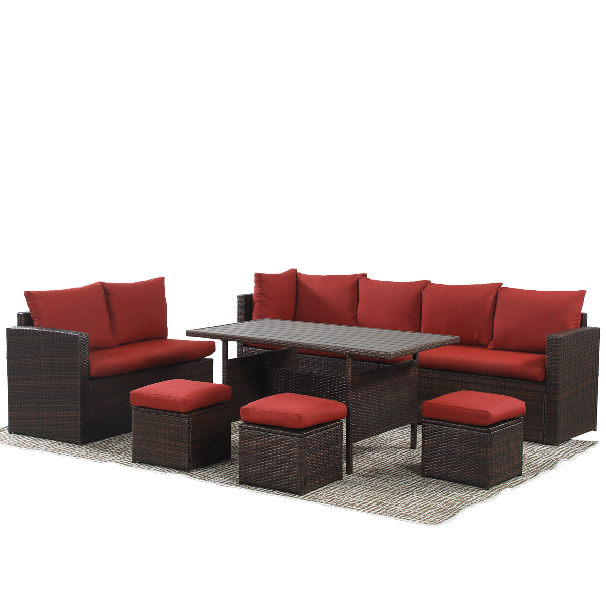 Red Rattan Wicker Patio Dining Table Set J3530