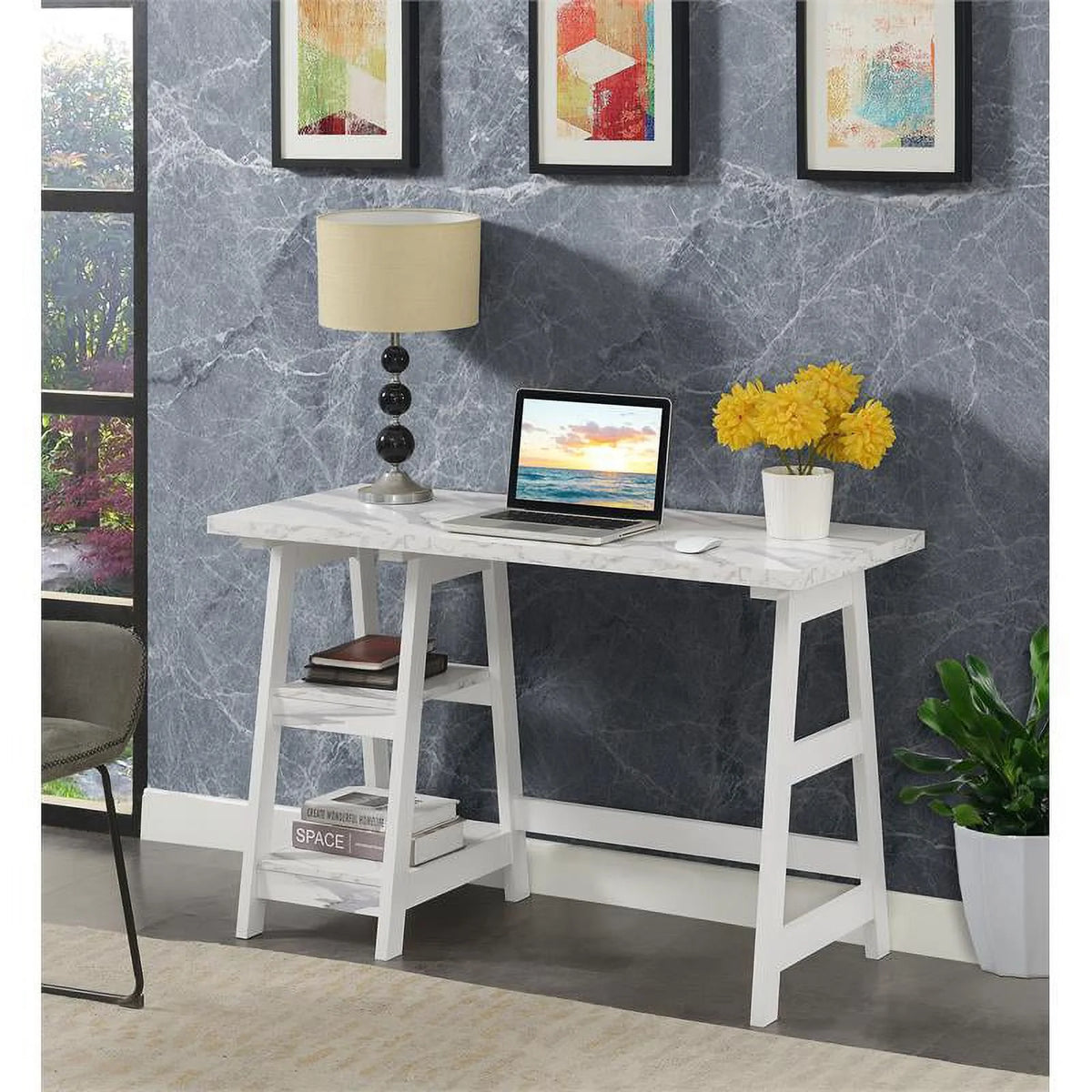 White Trestle Desk with Shelves U6192